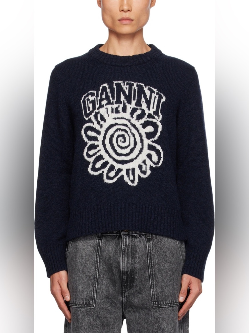 Ganni Navy Flower Graphic Pullover